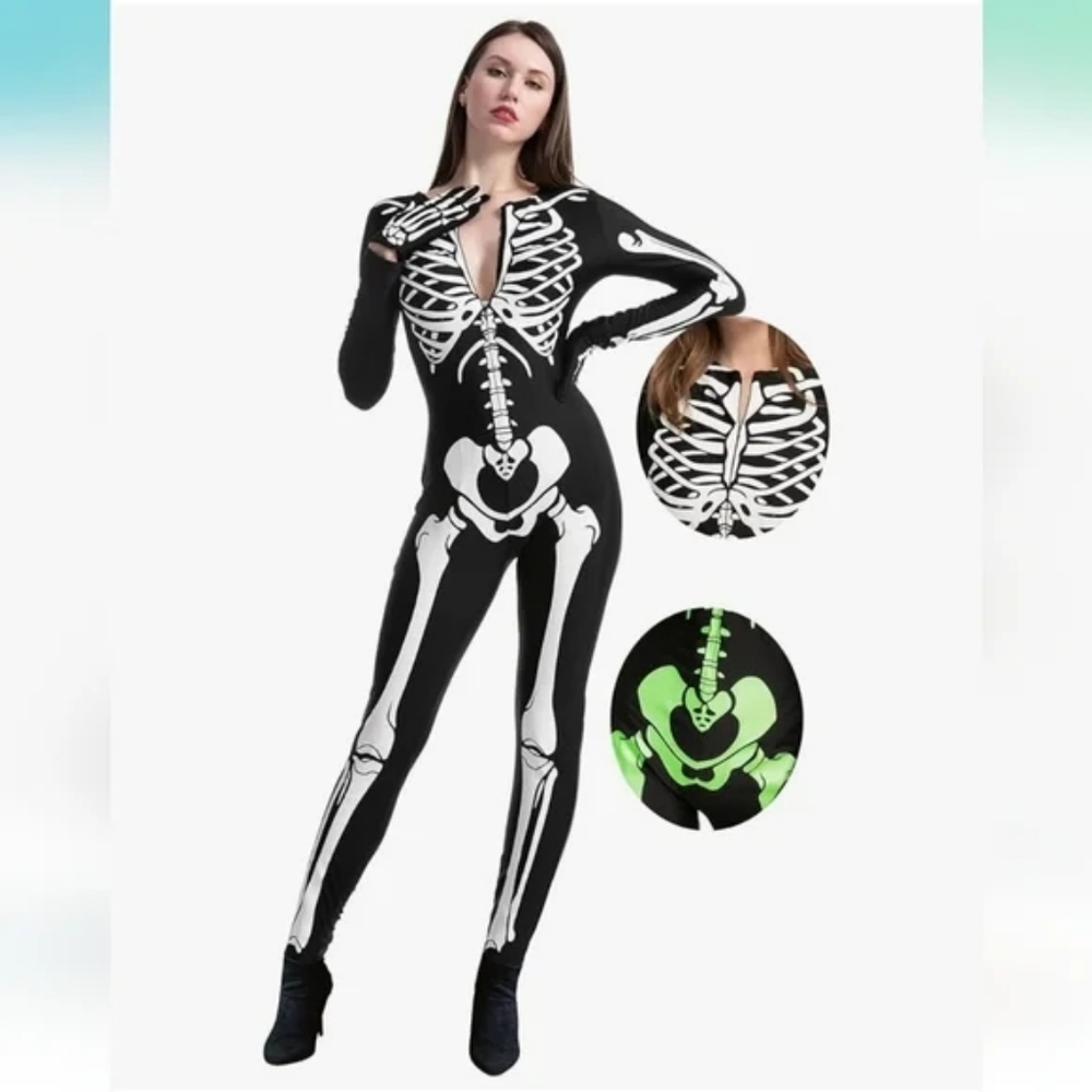 Glow In The Dark Black Sexy BodyCon Skeleton Jumpsuit with Gloves Size M